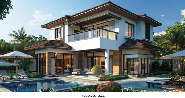 Modern Villa with Swimming Pool and Palm Trees