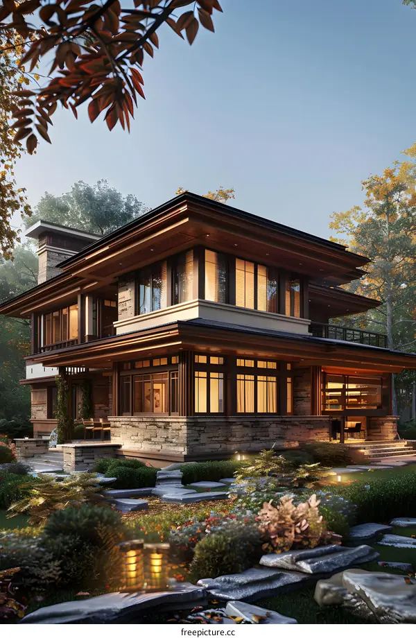 A modern house in the woods at dusk