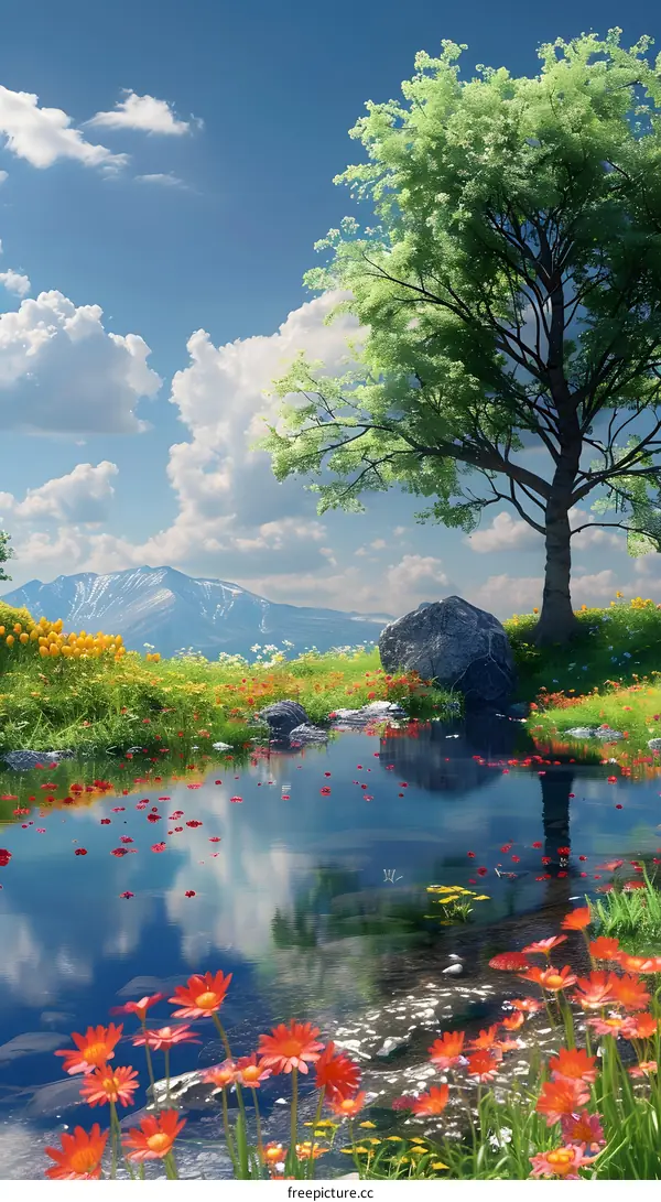 A lush green meadow and flowers are reflected in the lake, with high mountains towering in the distance