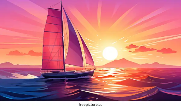 A sailboat is sailing on the sea at sunset.