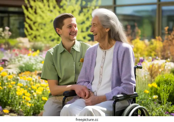 Caregiver and elderly woman in wheelchair smiling at each other