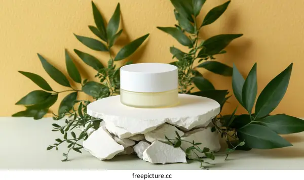 Cosmetic Cream Display with Natural Elements