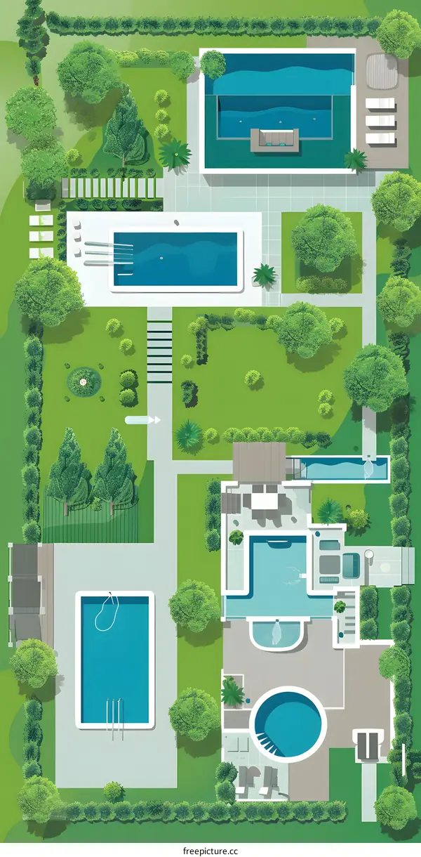 Aerial View of Modern House with Swimming Pool and Landscaping