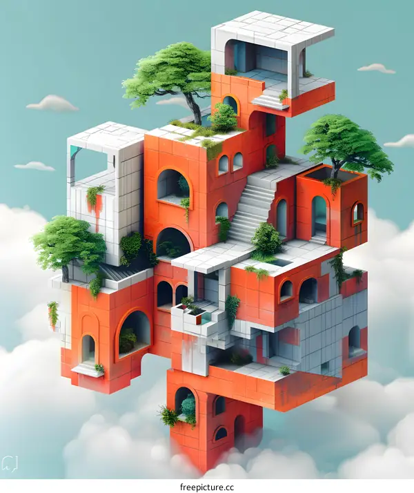 Surreal floating staircases and buildings in the sky