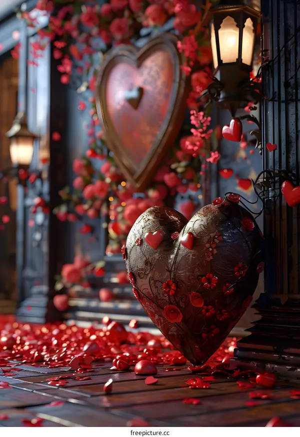 A 3D rendering of a heart-shaped metal sculpture covered in red roses.