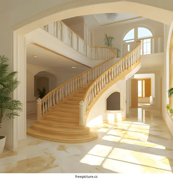 Curved Wooden Staircase in a Luxurious Interior