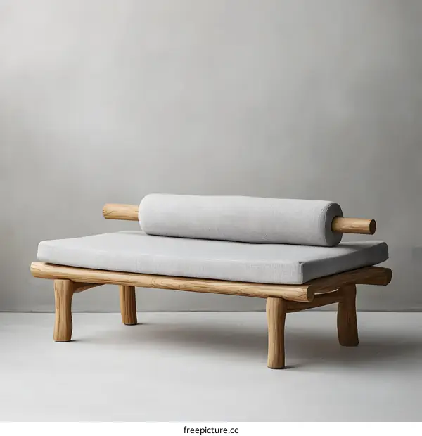 Modern Minimalist Wooden Sofa With Gray Fabric Cushions