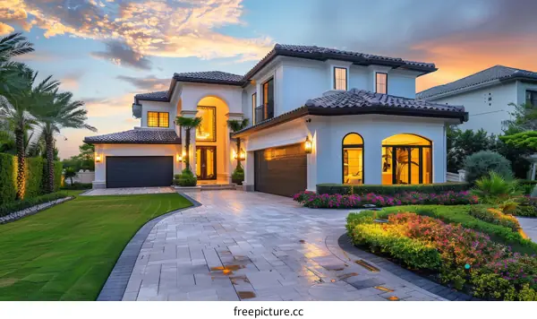 Large white modern house with palm trees and a pool