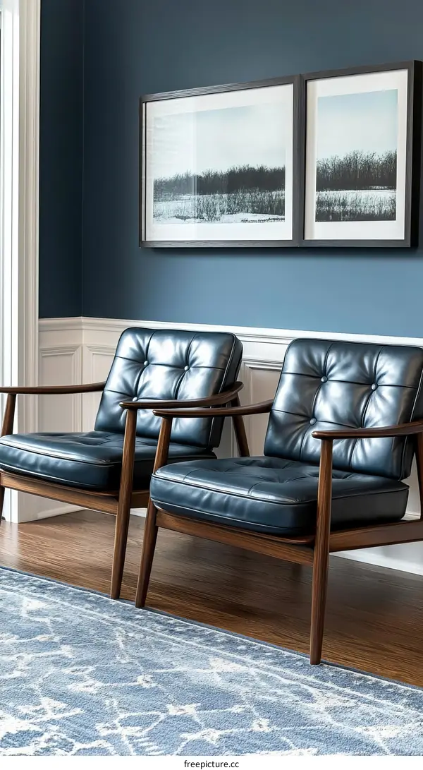 Modern Living Room with Dark Blue Decor and Artwork