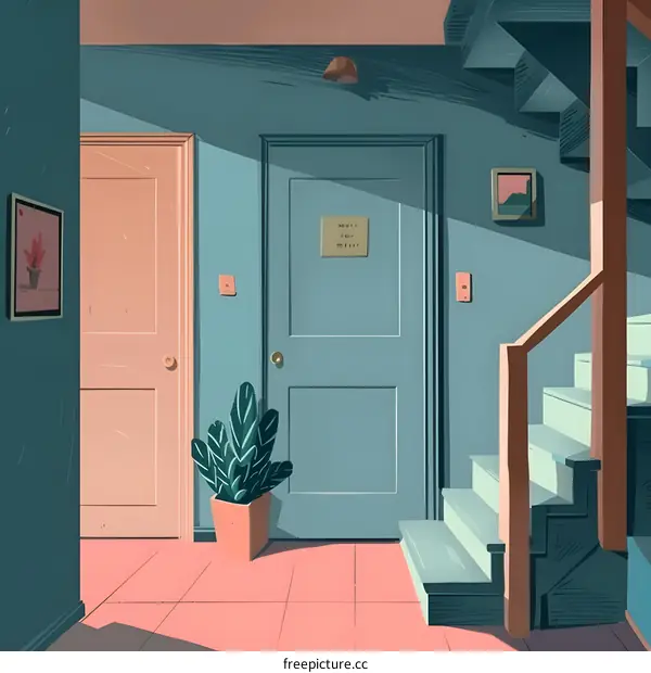 Illustration Of Modern Staircase And Door In Blue And Orange Colors