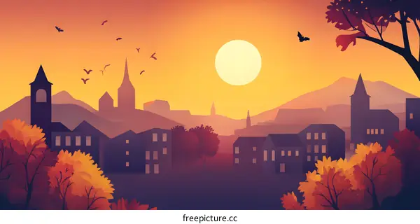 Autumn Sunset Over Small Town