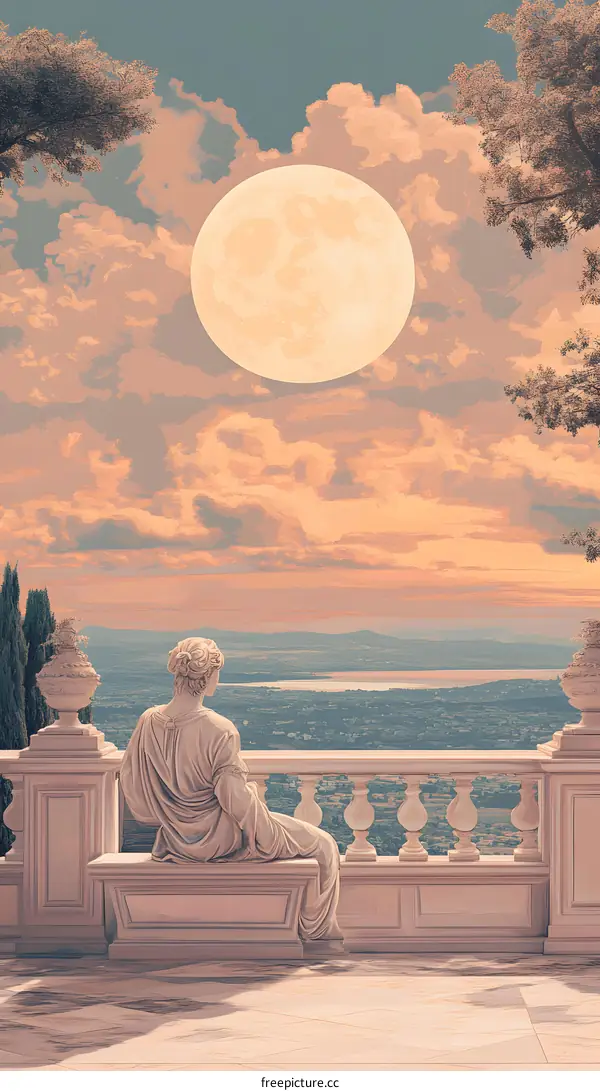 Woman Sitting on a Balcony Looking at the Full Moon