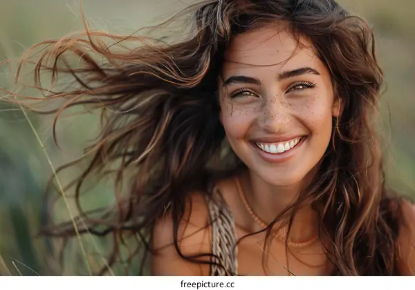 Smiling Woman with Wavy Hair in Outdoor Setting