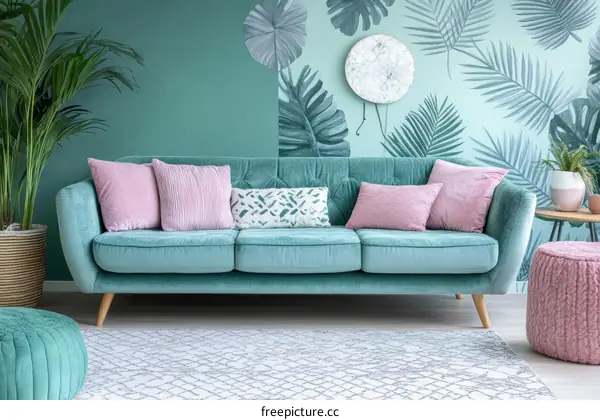 Teal Sofa with Pink Accents in a Tropical Living Room