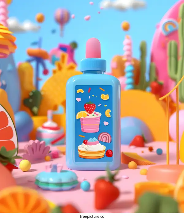 Cartoon 3D Sweet Bottle With Delicious Cake And Fruit On The Label