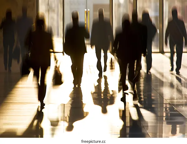 Silhouettes of People Walking Away From The Camera In A Modern Hallway