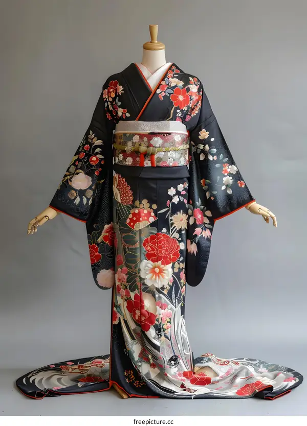 A woman wearing a black kimono with red and white flowers.