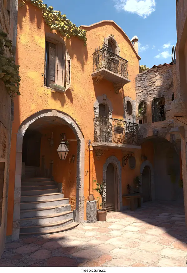Mediterranean Style Courtyard with Orange Walls and Stone Stairs