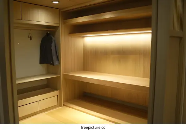 Wooden Wardrobe With Shelving And Lighting