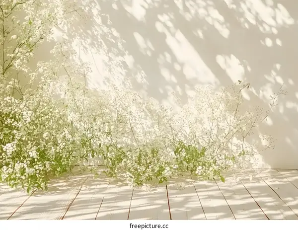 White Flowers on Wooden Floor with Light and Shadow