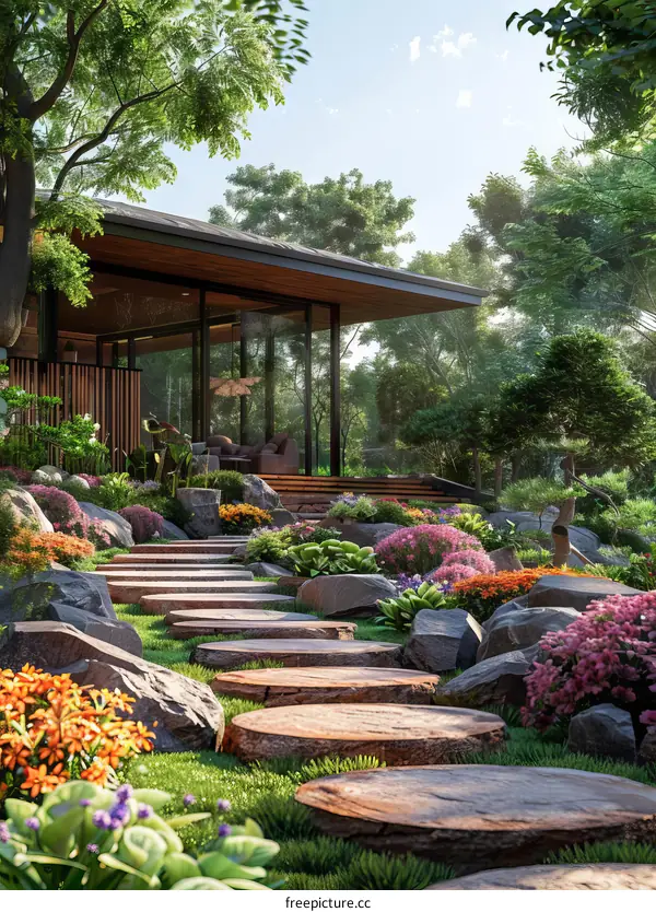 Stepping stones in a lush garden lead to a modern home with large glass windows.