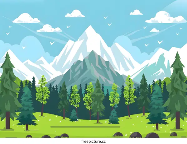 Green Forest Landscape With Snow Covered Mountains