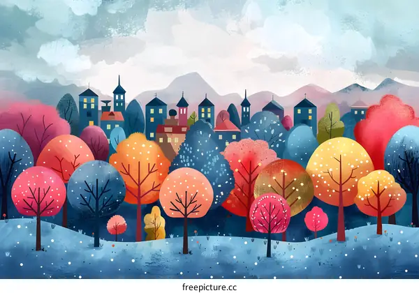 Colorful trees in a snowy forest with blue houses in the background