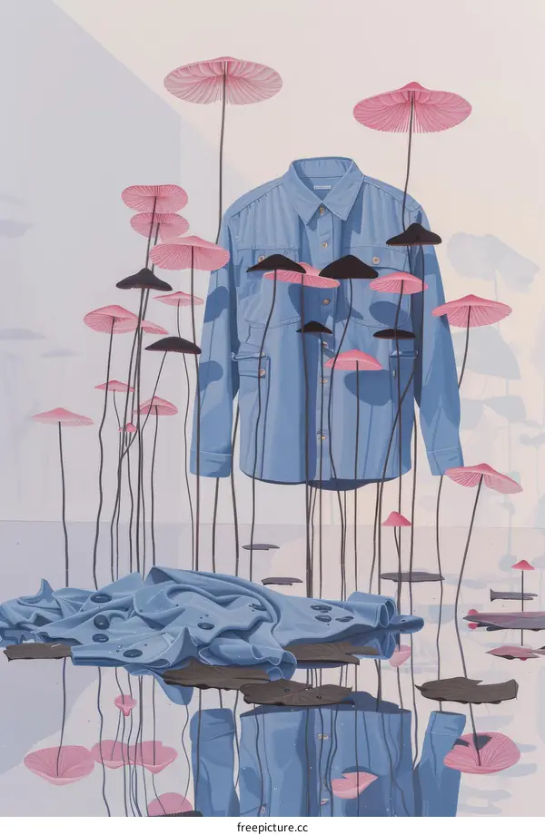 Blue Shirt With Pink Mushrooms