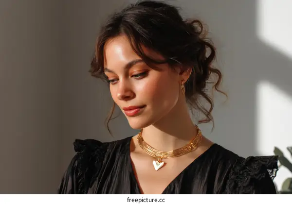 Stylish Woman with Gold Necklace and Earrings