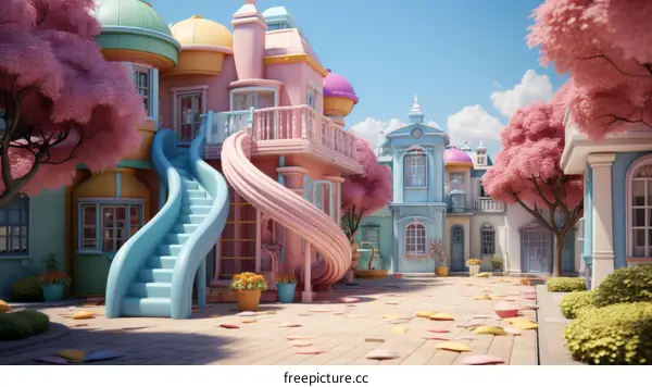 A Whimsical Digital Illustration of a Pastel-Hued Cityscape with Pink Trees