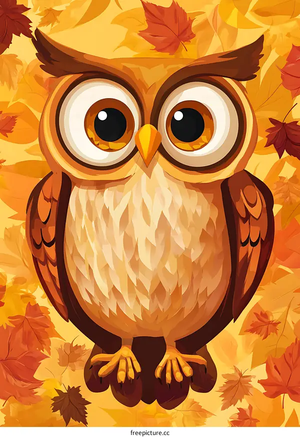 Cute Cartoon Owl on Autumn Leaves