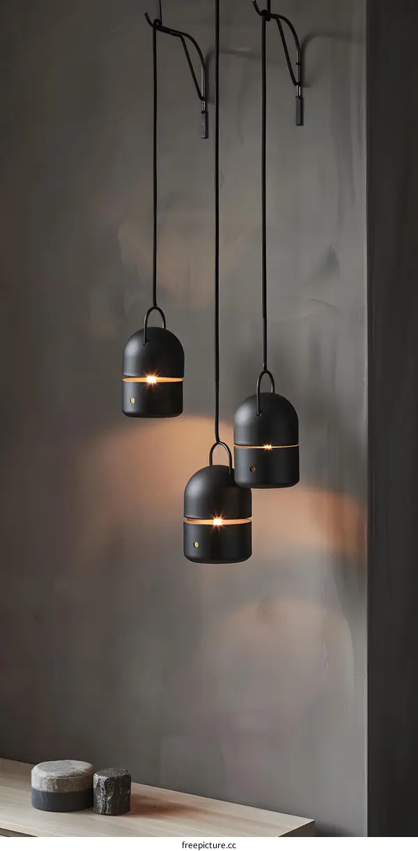 Three Black Pendant Lamps Hanging From The Ceiling