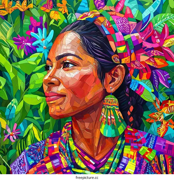 Mosaic Portrait of a Woman with Flowers