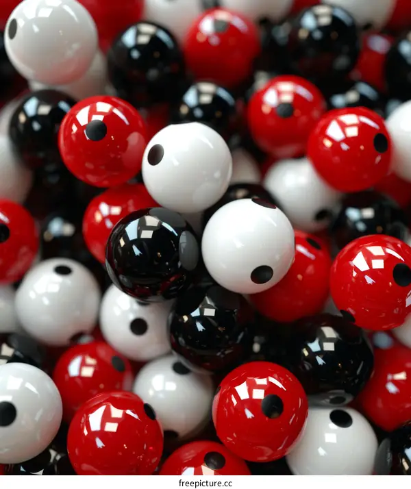 Black and white and red balls with a single contrasting dot