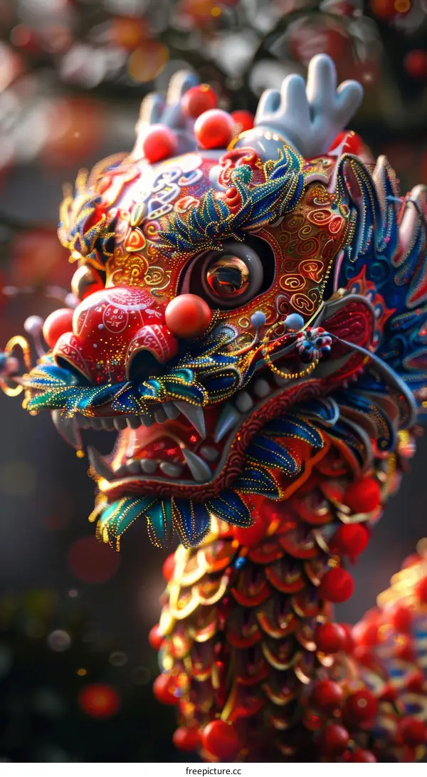 Close-up of a colorful and intricately designed Chinese dragon mask with prominent blue scales
