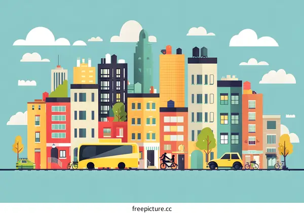 Cityscape with Buildings, Cars and People