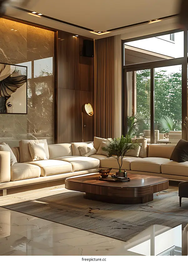 The living room is decorated in a modern and simple style