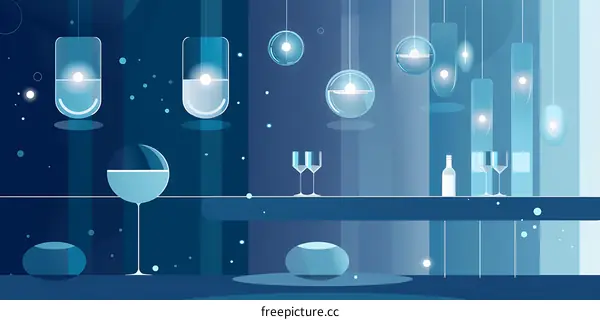 Abstract Blue Illustration with Wine Glasses and Hanging Lights