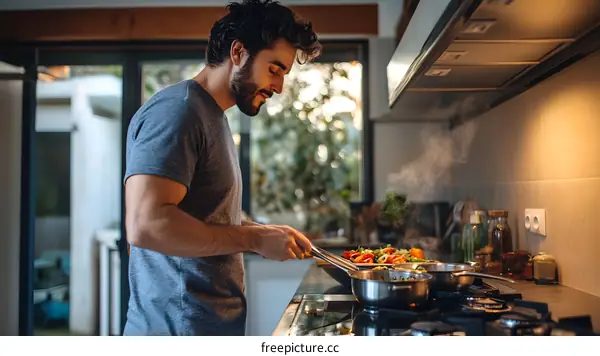 Man Cooking Vegetables In Kitchen