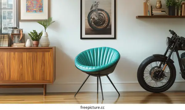 Modern Living Room Interior with Teal Chair and Motorcycle