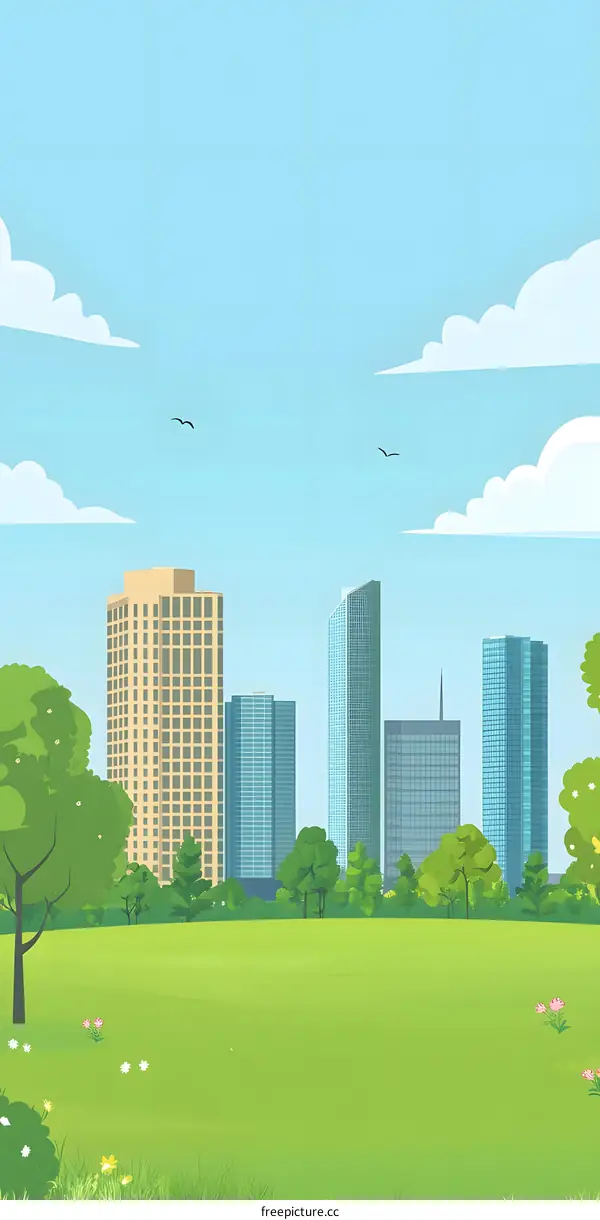 Cityscape Illustration with Green Grass and Blue Sky