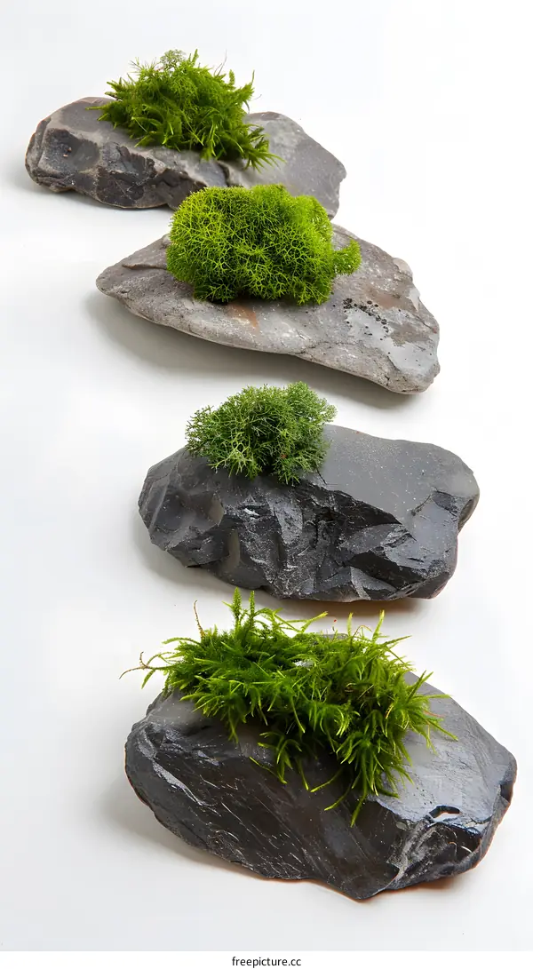 Four Stones With Moss On White Background