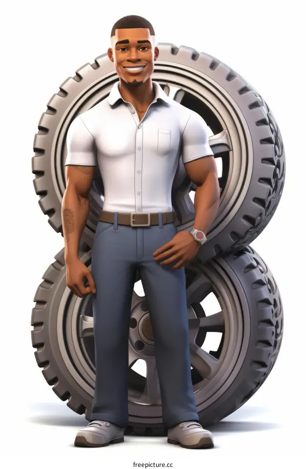 Black Man Standing Next to a Stack of Tires