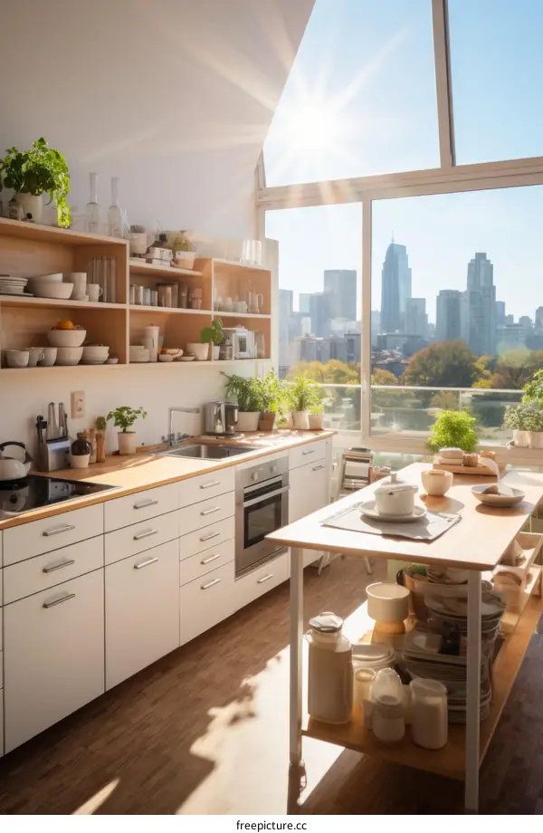 Modern Kitchen with City Skyline Views