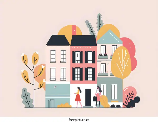 Two Women Walking Past Colorful Houses in a Town