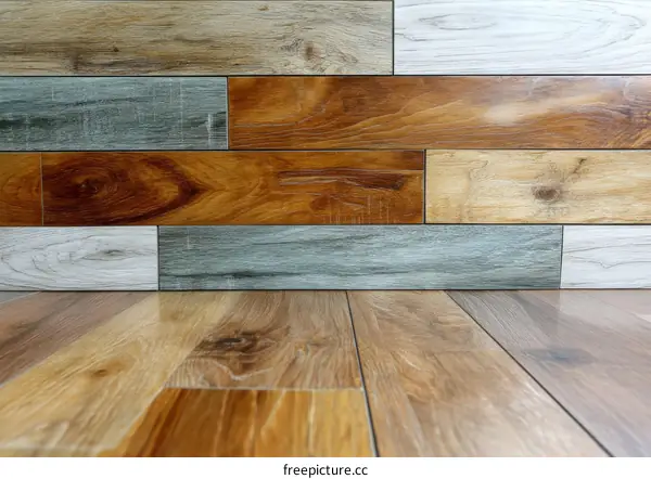 Colorful Wood Tiles Wall and Wooden Floor