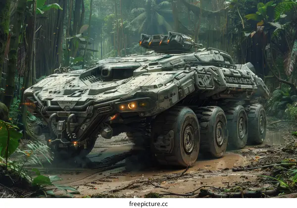 Armored Vehicle Navigating Dense Jungle