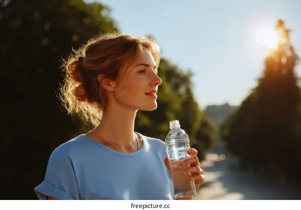 Woman Drinking Water Outdoors in Park