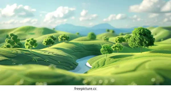 Serene Rolling Hills with a River Flowing Through