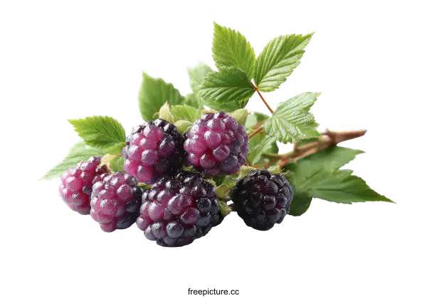 [Transparent Background PNG]Close-up of Fresh Purple Blackberries with Leaves